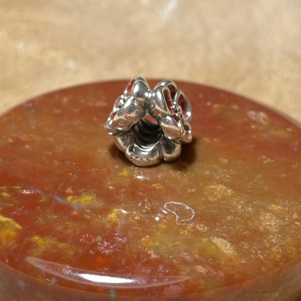 Pandora Red Poppy Sterling Silver Flower Bead Charm RARE - Picture 8 of 12